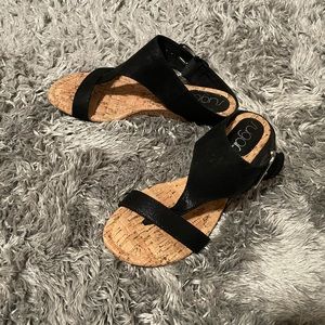Black glittery low wedge sandals
